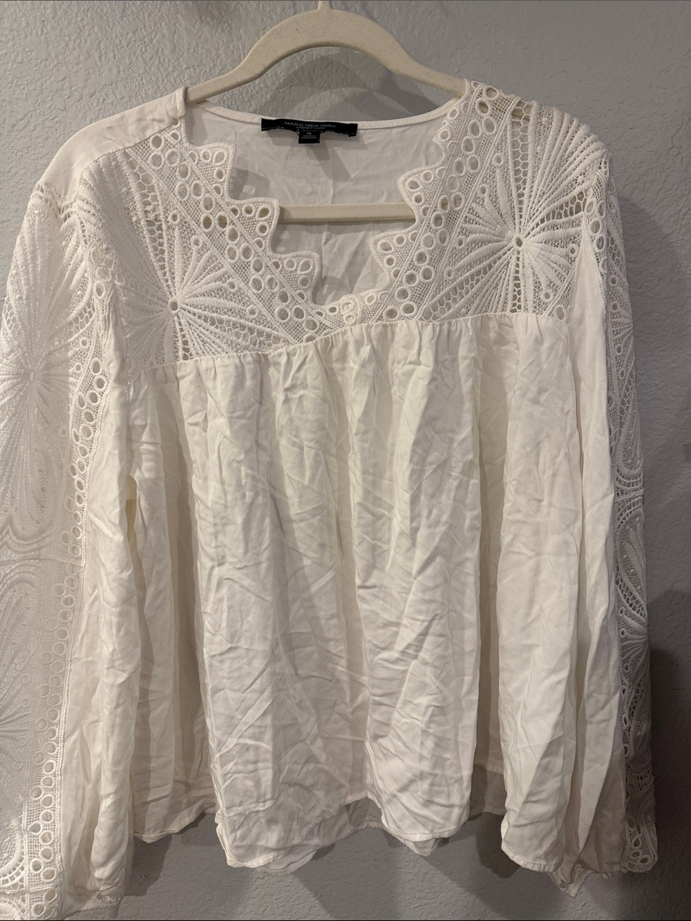 Women's White Eyelet Lace Yoke Tunic Top